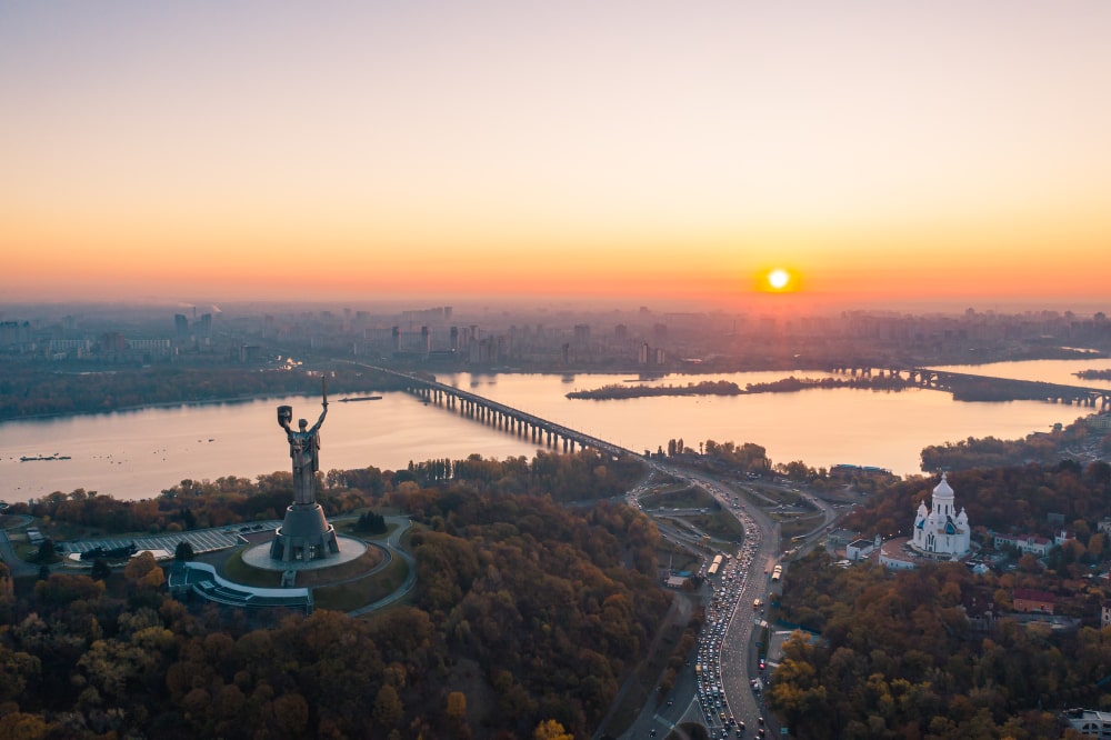 kiev skyline beautiful fiery sunset ukraine monument motherland min