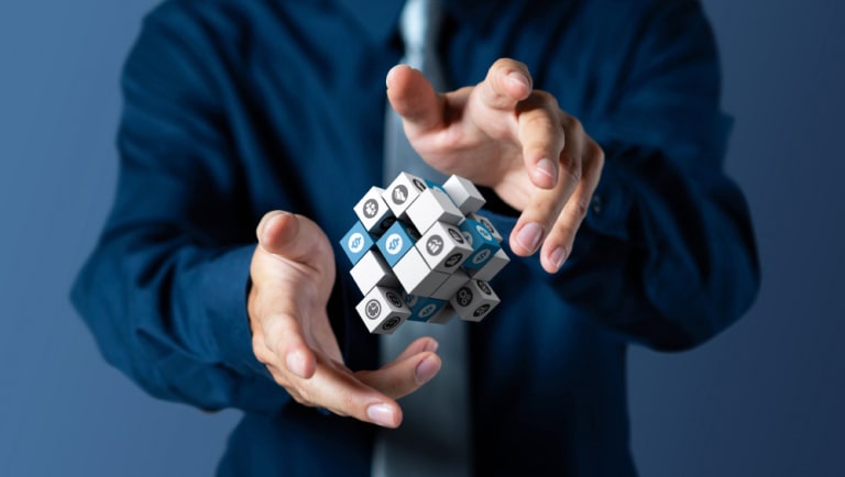 businessman controls management 3d cubes 1 min